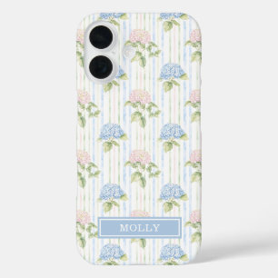 Coques iPhone 16 Hortensia Bleu Aquarelle Rayé Personnalisé