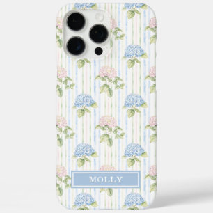 Coques iPhone 16 Pro Max Hortensia Bleu Aquarelle Rayures Personnalisé