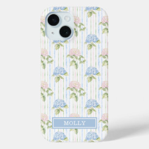 Coque Pour iPhone 15 Hortensia Bleu Aquarelle Rayures Personnalisé