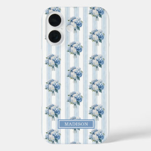 Coques iPhone 16 Hortensias bleus sur rayures