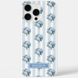 Coques iPhone 16 Pro Max Hortensias bleus sur rayures