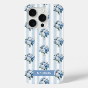 Coque iPhone 15 Pro Hortensias bleus sur rayures