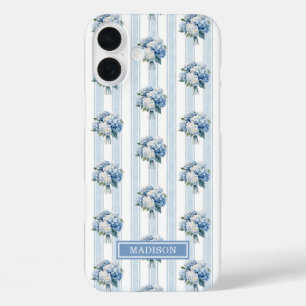 Coques iPhone 16 Plus Hortensias bleus sur rayures