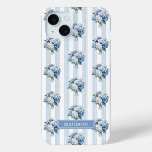 Coque iPhone 15 Mini Hortensias bleus sur rayures
