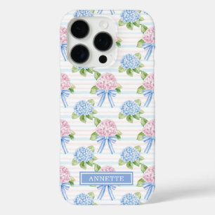 Coques iPhone 16 Pro Hortensias rayés bleu et rose