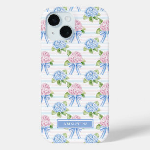 Coque Pour iPhone 15 Hortensias rayés bleu et rose