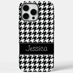 Coques iPhone 16 Pro Max Houndstooth noir et blanc Preppy Personnalisé