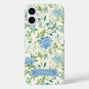 Coques iPhone 16 Plus Hydrangea Bleue Monogramme Aquarelle