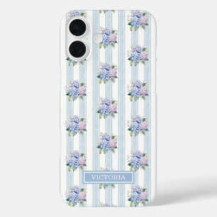 Coques iPhone 16 Plus Hydrangeas Bleus et Roses Monogrammées