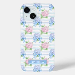 Coque Pour iPhone 15 Hydrangeas Rayés Rose et Bleu