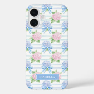 Coques iPhone 16 Hydrangeas Roses Bleues et Roses Rayées
