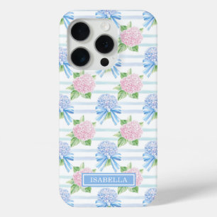 Coque iPhone 15 Pro Hydrangeas Roses et Bleus Rayés