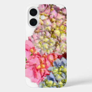 Coques iPhone 16 Hydrangées florales rose pâle bleu jaune vert