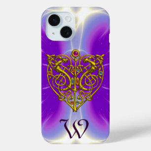 Coque Pour iPhone 15 HYPER VALENTINE GOLD CELTIC HEART MONOGRAS Purple