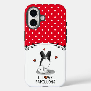 Coques iPhone 16 I Love Papillons (blanc & noir) Coeurs Chiens mign