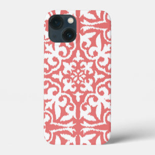 iPhone 13 Mini Coque Ikat damask pattern - Coral rose et blanc