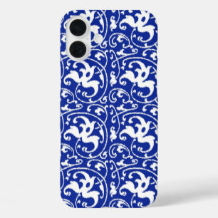 Coques iPhone 16 Plus Ikat Floral Damask - Cobalt bleu et blanc