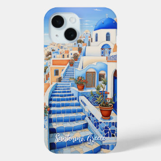Coque Pour iPhone 15 Illustration de l'île de Santorin | Art du voyage