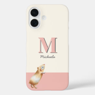 Coques iPhone 16 Illustration du Monogramme de porc de Guinée rose 