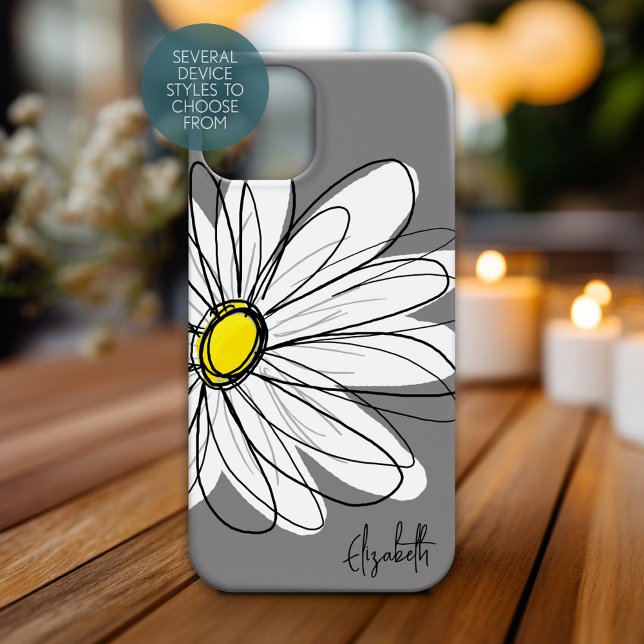 Coques Case-Mate iPhone Illustration florale Daisy tendance - gris et jaun (Personalized Phone Case with Whimsical Daisy and Custom Name)