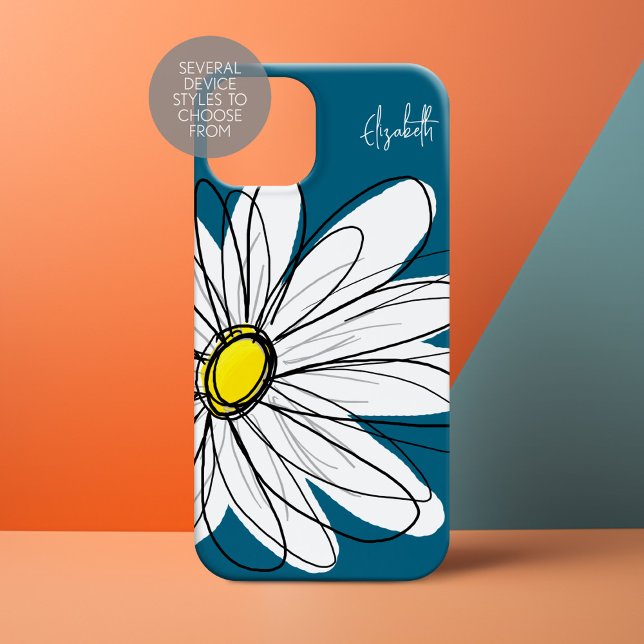 Coques Case-Mate iPhone Illustration florale de marguerite tendance bleu e (Personalized Phone Case with Whimsical Daisy and Custom Name)