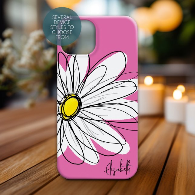Coques Case-Mate iPhone Illustration florale de marguerite tendance - jaun (Personalized Phone Case with Whimsical Daisy and Custom Name)