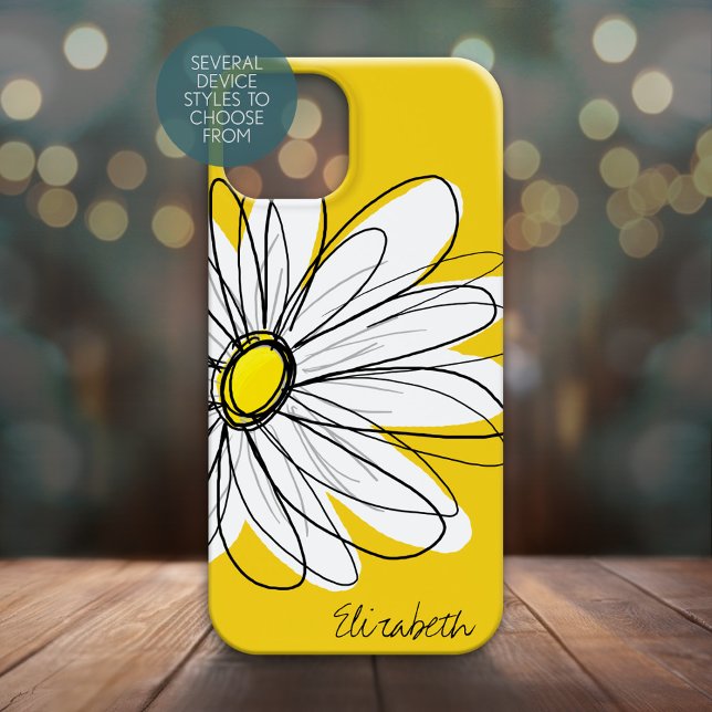 Coques Case-Mate iPhone Illustration florale de marguerite tendance - noir (Personalized Phone Case - Whimsical Daisy with Custom Name)