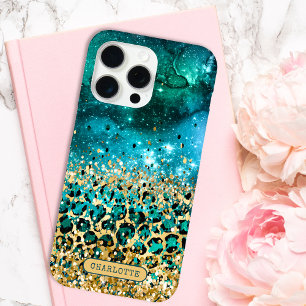 Coque iPhone 15 Pro Max Impression de léopard sarcelle or Nom personnalisé