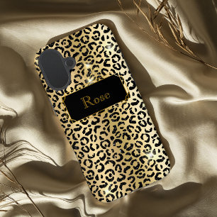 Coques iPhone 16 Plus Impression lepard glamour noir et or