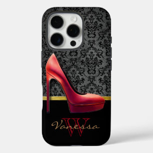 Coques iPhone 16 Pro Impression Rouge Haut talon et Damas avec Monogram