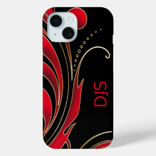 Coque Pour iPhone 15 Impression tourbillonnante noire, rouge et or