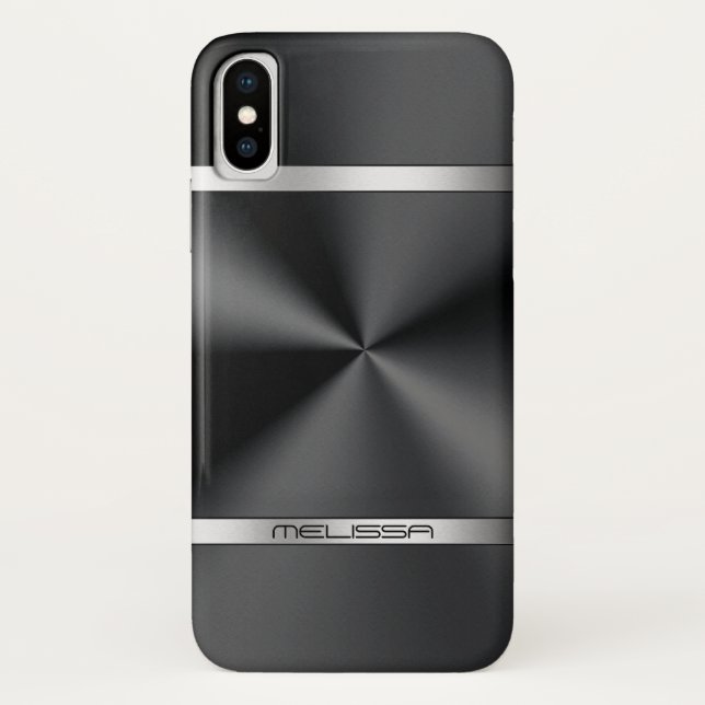 Coques Case-Mate iPhone Imprimé en métal noir moderne en bandes argentées (Dos)