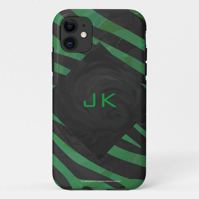 Coques Case-Mate iPhone Imprimé monogramme noir et vert zèbre (Dos)