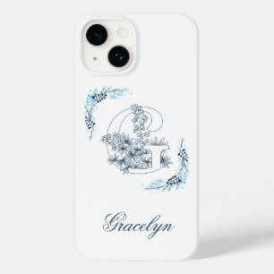 Coque Pour iPhone 14 Initiale "G" Monogramme bleu Calme Floral