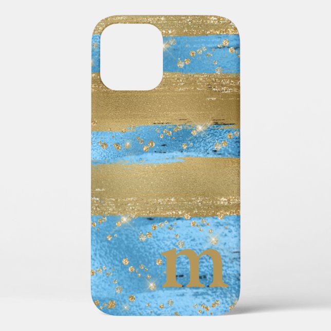 Coques Case-Mate iPhone Initiale Monogramme Pailleté Or Bleu (Verso)