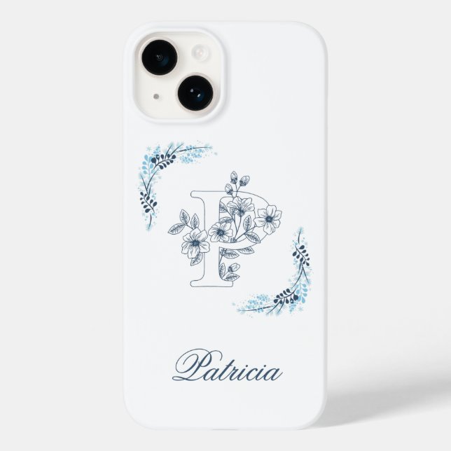 Coques Case-Mate iPhone Initiale "P" Monogramme Bleu Calme Floral (Verso)