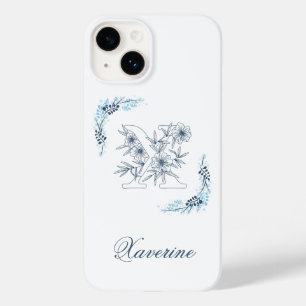 Coque Pour iPhone 14 Initiale "X" Monogramme Bleu Calme Floral