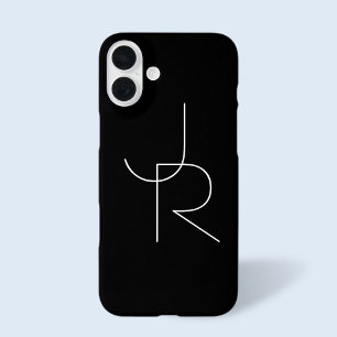Coques iPhone 16 Plus Initiales 2 superposées modernes   Blanc sur noir