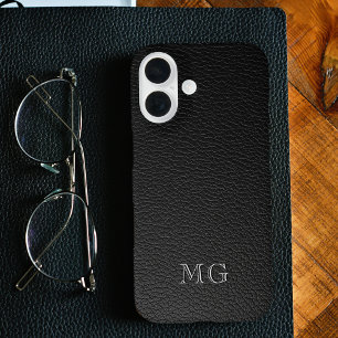 Coques iPhone 16 Initiales blanches en monogramme sur cuir noir mod