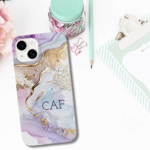 Coque Pour iPhone 14 Initiales de monogramme lavis aquarelle bleu viole