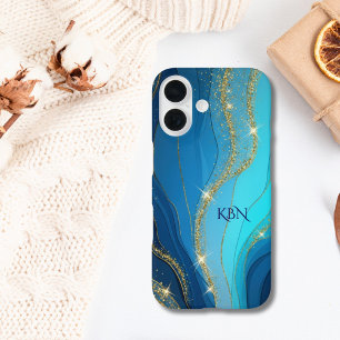 Coques iPhone 16 Initiales de monogramme paillettes bleues or