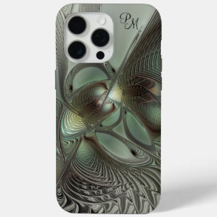 Coque iPhone 15 Pro Max Initiales fractales Abstraites gris gris vert Sage