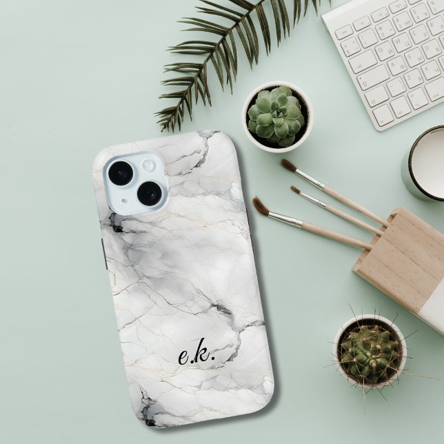 Coques Case-Mate iPhone Initiales monogramme blanc gris noir or marbre  (Black white gray gold marble monogrammed initials or name iPhone case)
