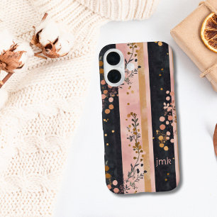 Coques iPhone 16 Initiales Monogramme Fleurs Rayures Rose Or Noir