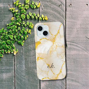 Coque Pour iPhone 15 Initiales monogramme sur marbre blanc jaune or 
