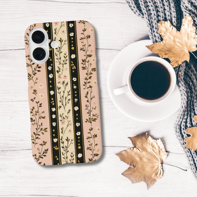 Coques Case-Mate iPhone Initiales Monogrammes rose Beige Noir Fruits (Pink beige black stripes watercolor florals iPhone case for her)