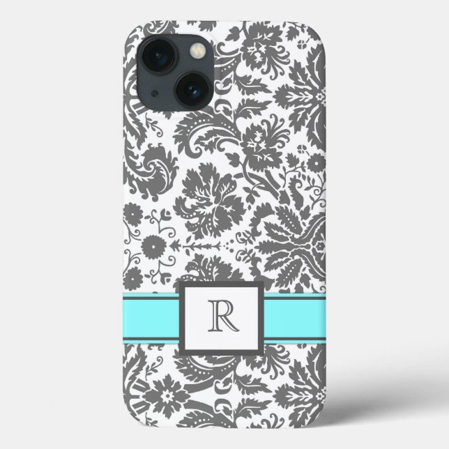 Coques Case-Mate iPhone iPad Custom Monogramme Gris Aqua Floral Damask (Verso)