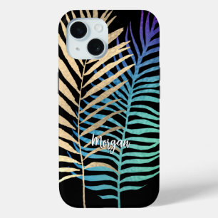 Coque Pour iPhone 15 Iridescente/Gold Tropical Feuilles Nom de script,
