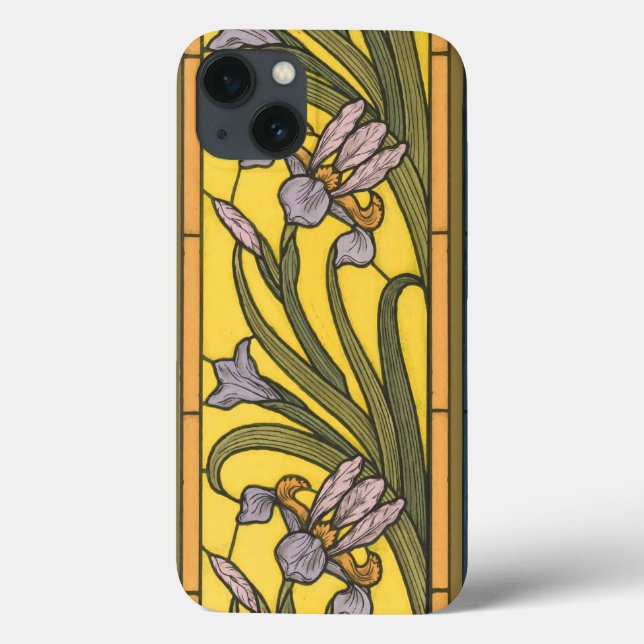 Coques Case-Mate iPhone Iris Fleur Art Nouveau Vitrail Bleu Or (Verso)