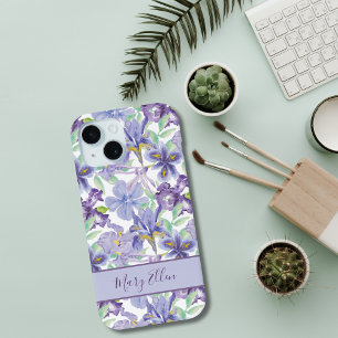 Coque Pour iPhone 15 Iris Floral Aquarelle Violet Jaune Monogramme  